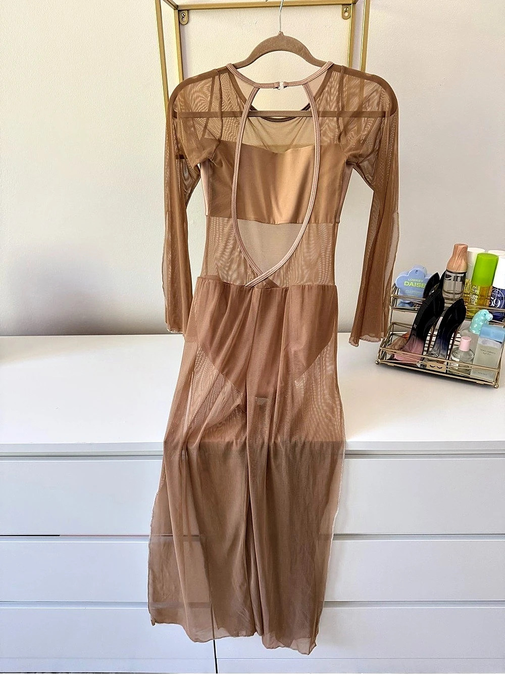 Dance Costume Sheer Cutout Maxi Pants in light caramel ( custome made))Like New